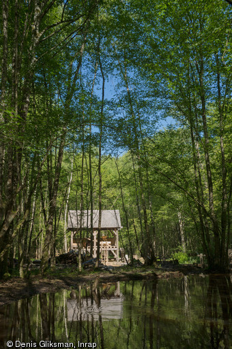 Vue du moulin et du réservoir dans un clairière de la forêt de Guédelon (Yonne), 2014.Depuis deux ans, les archéologues de l’Inrap et les bâtisseurs du chantier médiéval de Guédelon collaborent à un projet d’archéologie expérimentale : la réalisation d’un moulin du XIIe s., selon les techniques de l’époque.