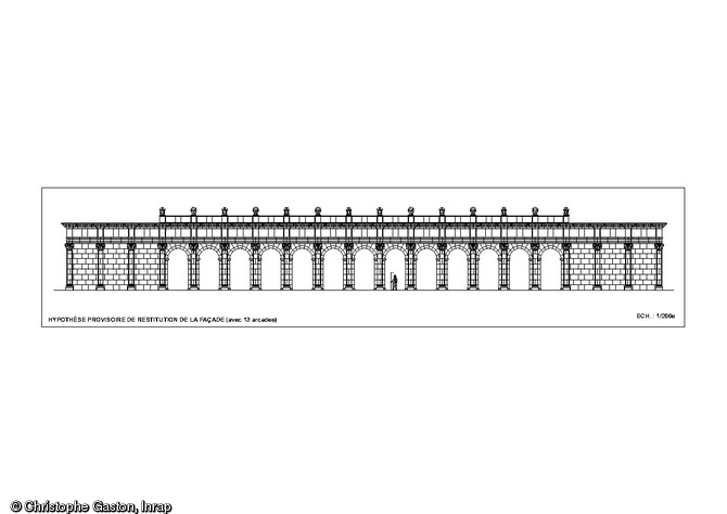 Hypothèse provisoire de restitution de la façade avec ses treize arcades, sanctuaire du IIe s. de notre ère, Pont-Sainte-Maxence (oise), 2014.
