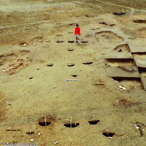 Fondations d'une maison néolithique de plus de 30 mètres de long, en cours de fouille à Lannion (Côtes-d'Armor), 2014.  Chaque piquet correspond à l'emplacement d'un poteau de charpente. 