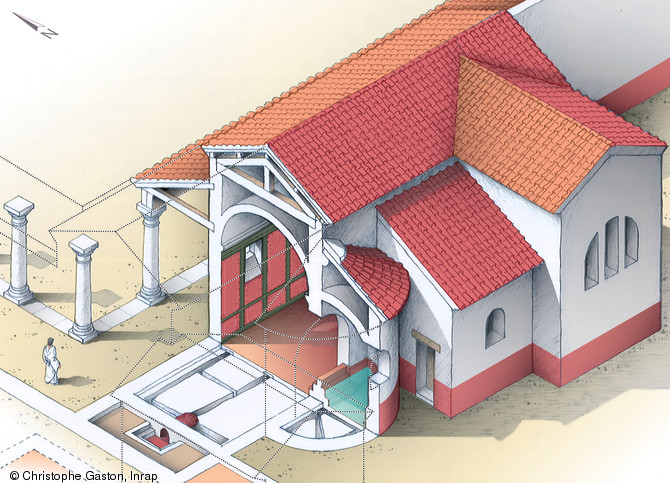 Restitution axonom&eacute;trique de notre &egrave;re des thermes de Cinais au d&eacute;but du IVe s. (Indre-et-Loire), 2011.