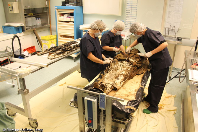 Étude d'un corps exceptionnellement bien conservé découvert dans un cercueil de plomb mis au jour au couvent des Jacobins, à Rennes (Ille-et-Vilaine), 2015.  L'étude à lieu à l’Institut médico-légal du CHU de Rangueil à Toulouse où il est d’abord déshabillé vêtement par vêtement pour respecter au maximum l’intégrité du costume.  